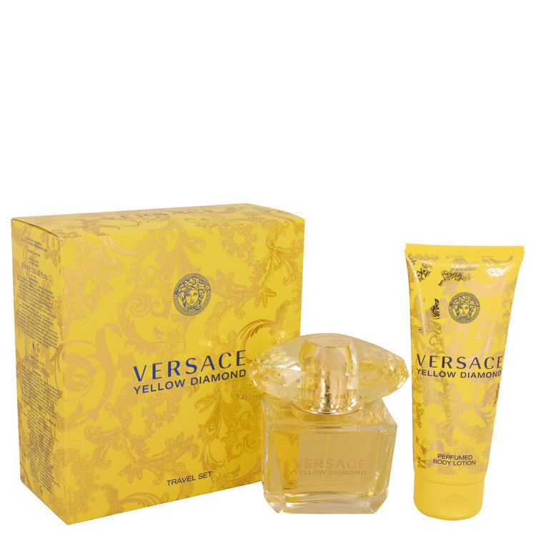 Versace Yellow Diamond gift set with EDT spray, body lotion, and travel box