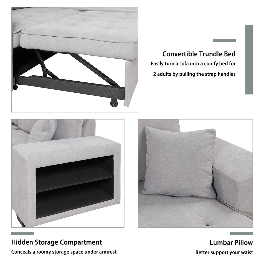 Light gray sleeper sectional sofa features: hidden storage and pull-out bed with lumbar pillow