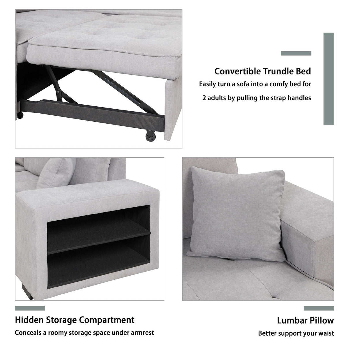 Light gray sleeper sectional sofa features: hidden storage and pull-out bed with lumbar pillow