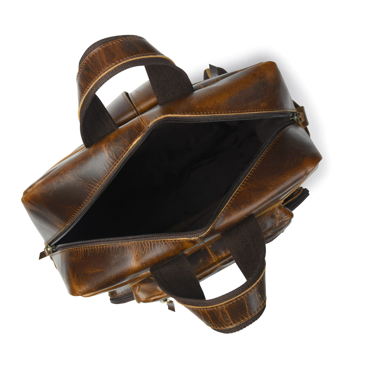 Brown leather backpack open top view with interior lining and zippered front panel