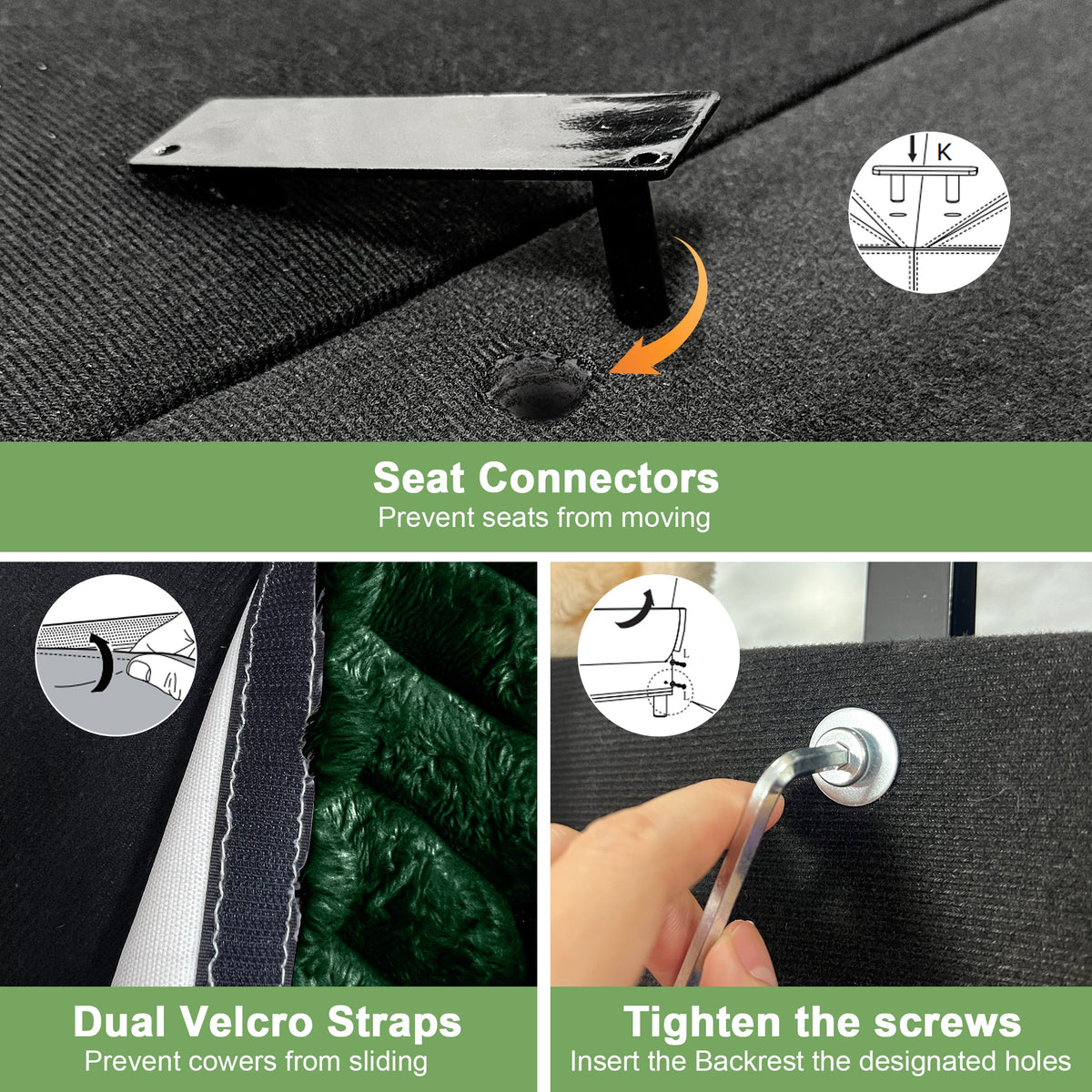 Green sectional sofa base corner with seat connector hardware and securing strap detail.