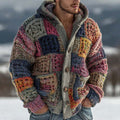 Patchwork fleece hooded zip-up jacket with multicolor blocks and front closure