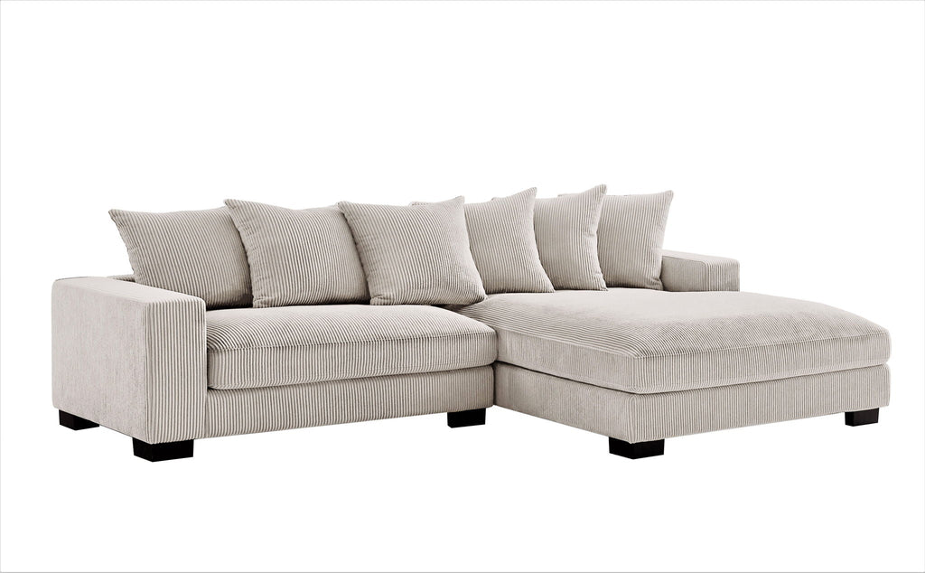 Oversized sectional sofa with chaise, light gray upholstery and square arms