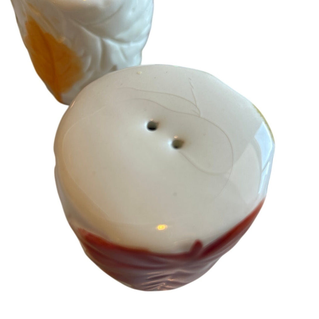 Ceramic salt and pepper shaker set, close-up white top with two seasoning holes