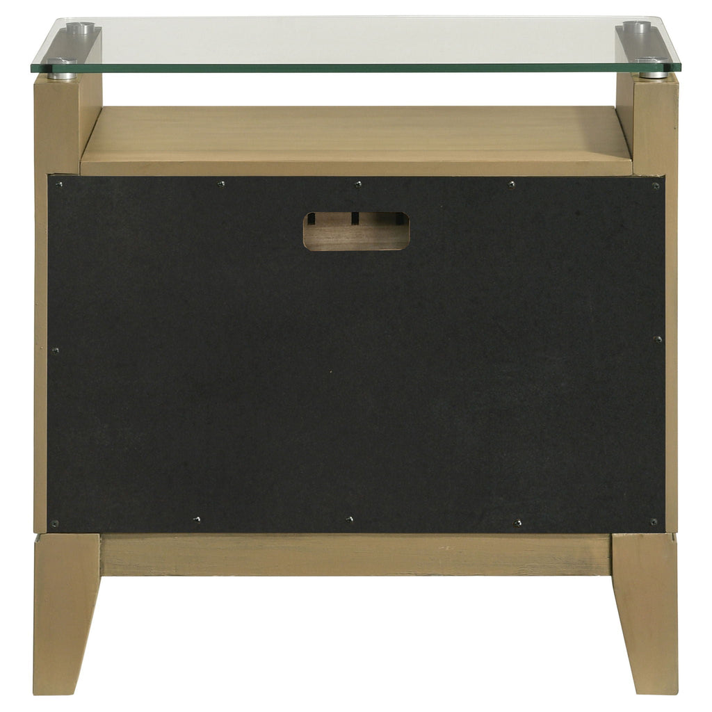 Natural pine nightstand with clear glass top and open-back panel view