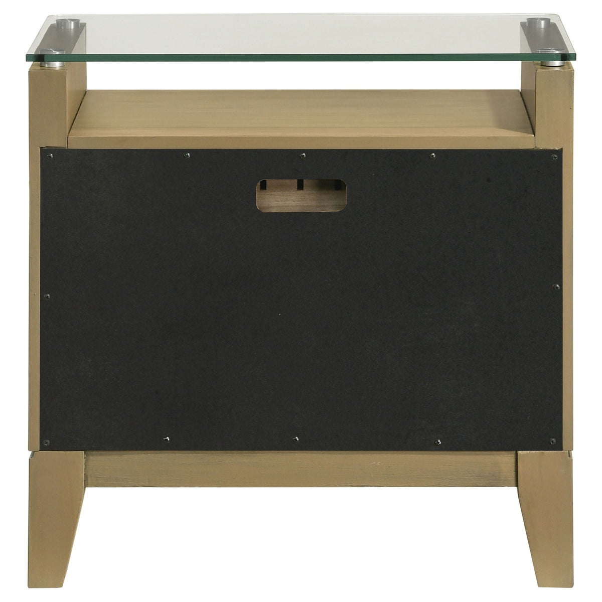 Natural pine nightstand with clear glass top and open-back panel view