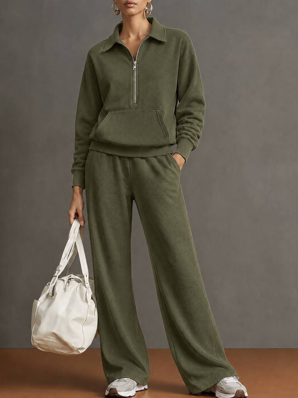 Women’s half-zip sweatshirt and wide-leg pants set, olive green lounge outfit