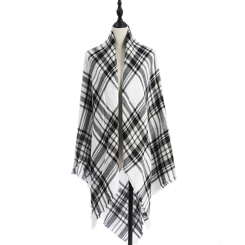 Black and white plaid scarf shawl with fringed edges