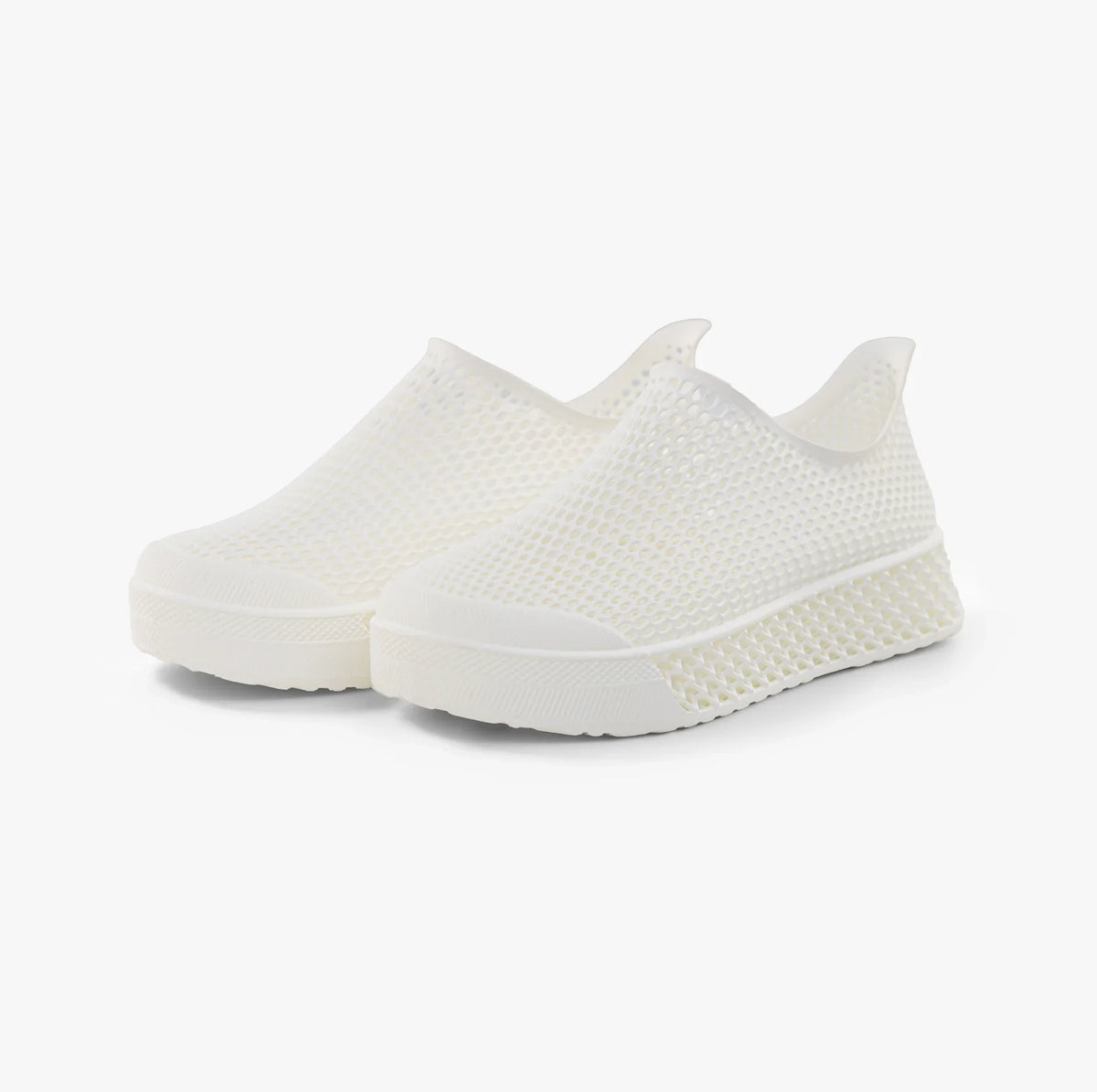 White 3D-printed casual sneakers, front angled view