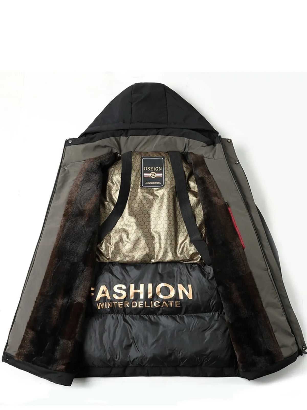 Black hooded winter coat with interior thermal lining and faux-fur trim