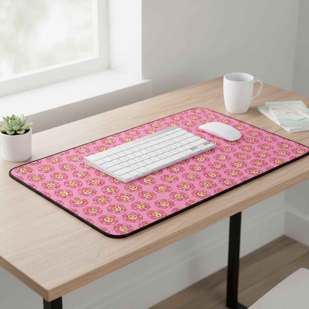 Pink desk mat with repeating cat pattern, black edge trim, mouse cutout