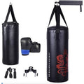 Black boxing punching bag set with hanging straps and mounting hardware
