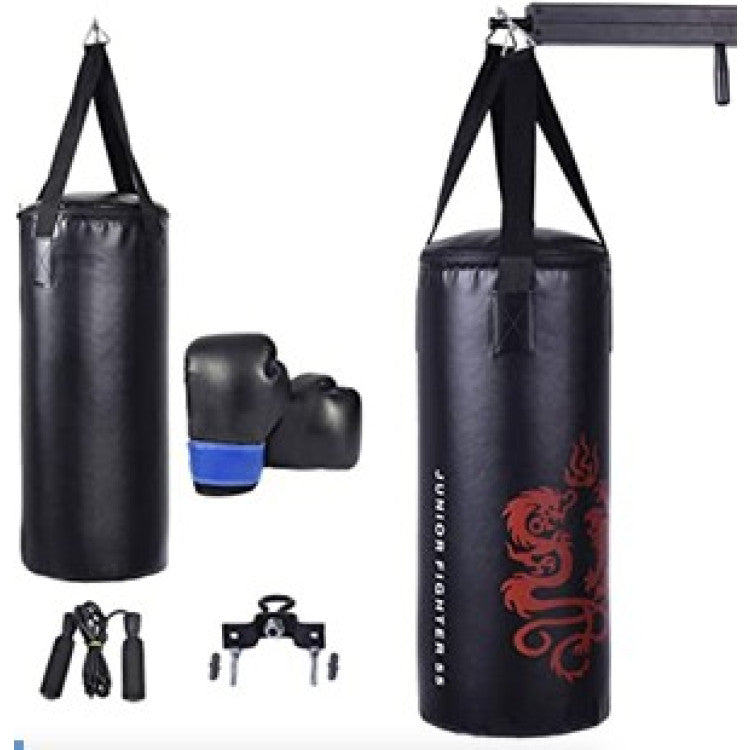 Black boxing punching bag set with hanging straps and mounting hardware