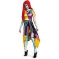 Hooded patchwork costume dress with black asymmetrical hem and teal/purple/yellow panels