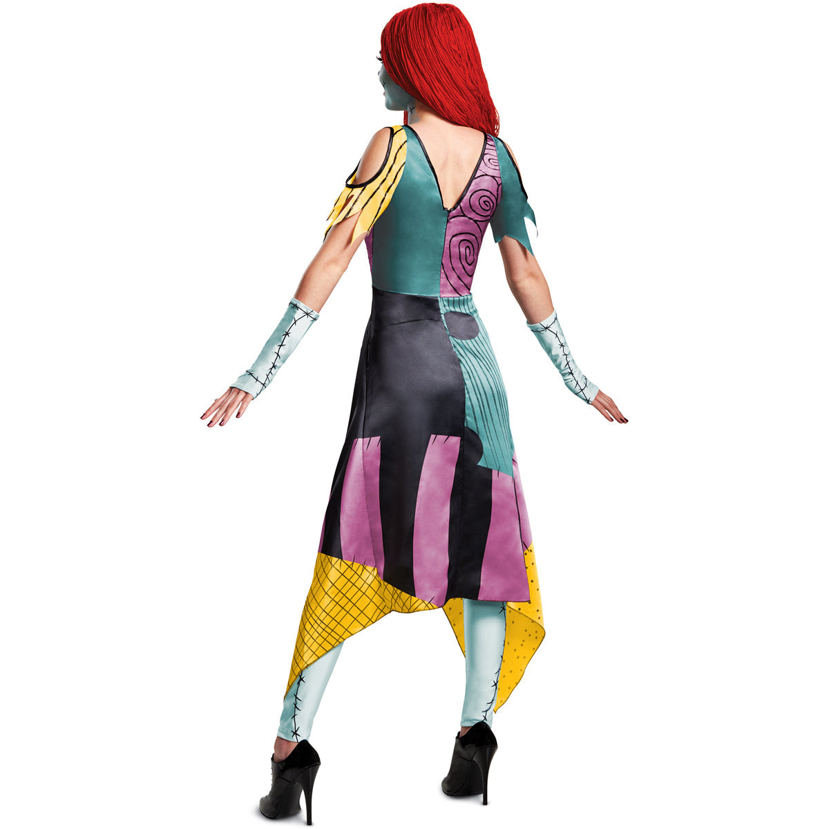Back-view hooded patchwork costume dress with teal, purple, and yellow block panels