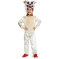 Toddler dog-themed costume with hooded jumpsuit, plush face mask, and red collar