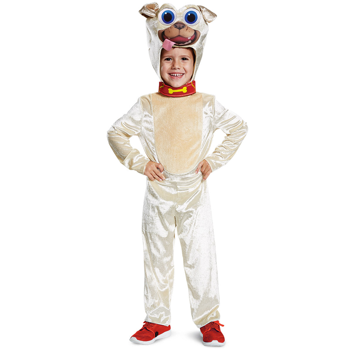 Toddler dog-themed costume with hooded jumpsuit, plush face mask, and red collar