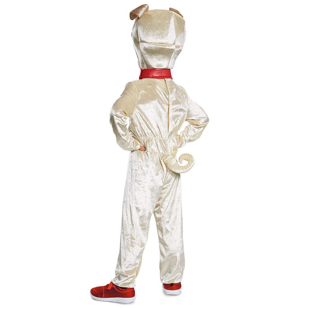 Toddler dog costume back view with shimmery white hooded jumpsuit and red collar