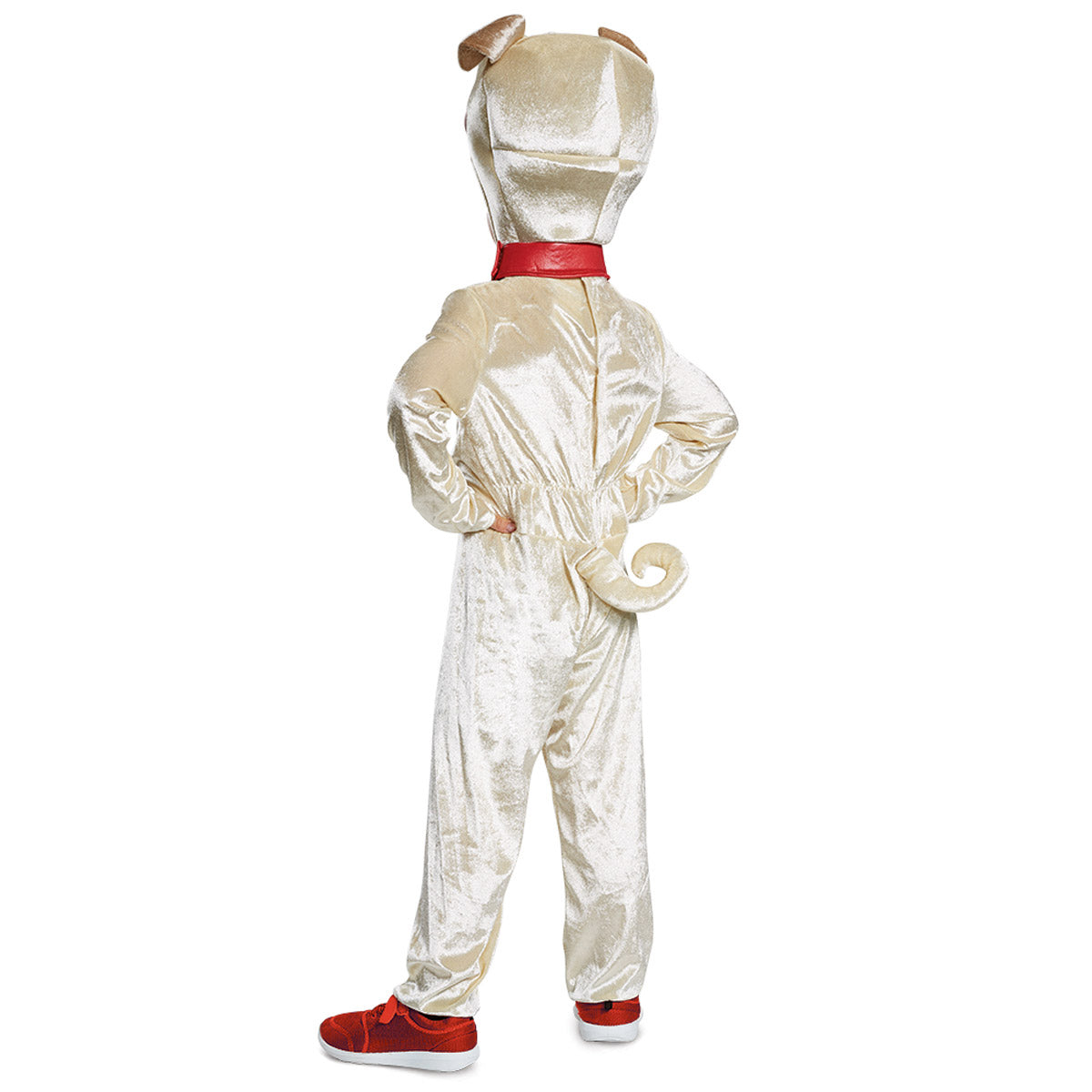 Toddler dog costume back view with shimmery white hooded jumpsuit and red collar