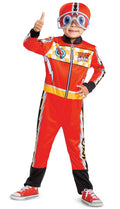 Toddler hooded jumpsuit costume in orange and black with full-zip front and sneakers