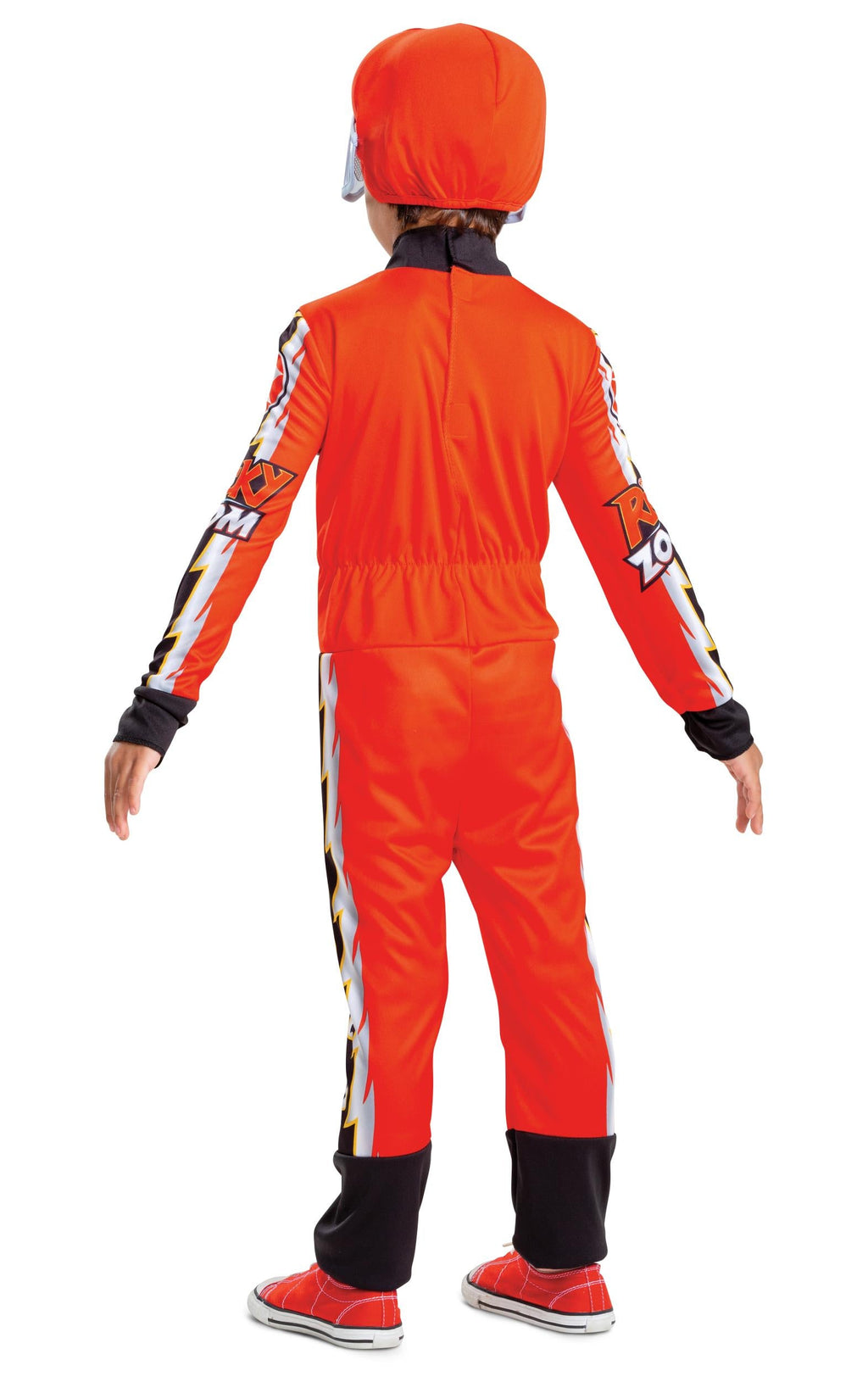 Back view of toddler orange hooded jumpsuit costume with black cuffs and full zipper
