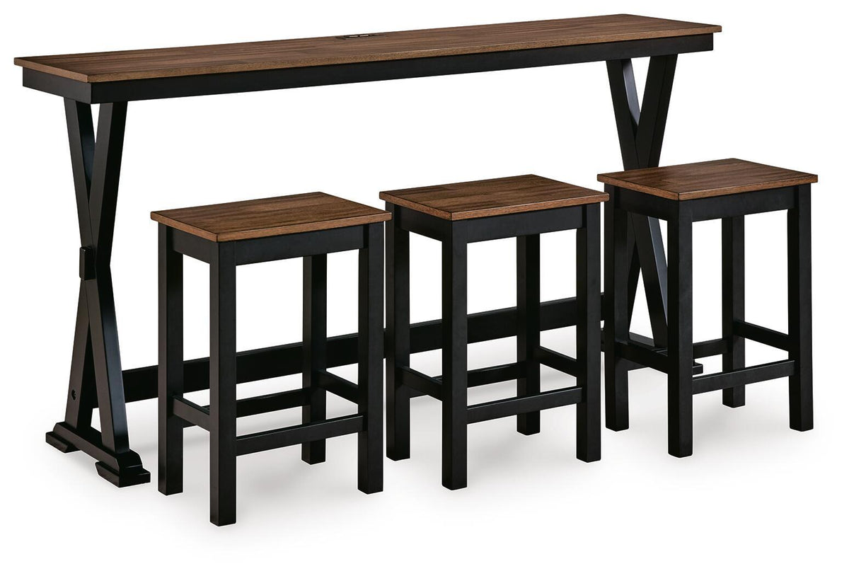 Rectangular dining counter table set with 4 brown wood stools and black legs