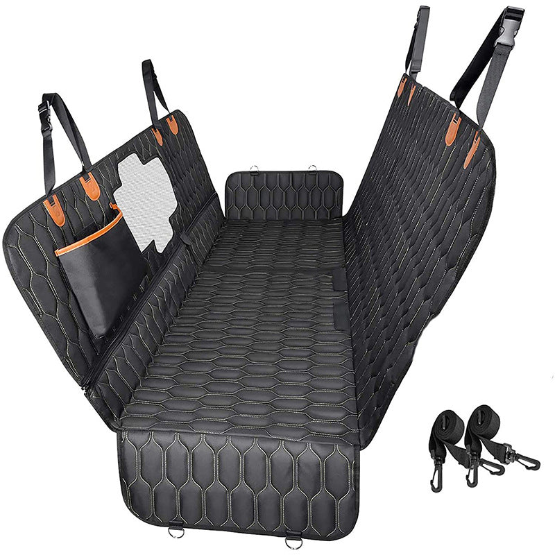 Black quilted pet car seat cushion with detachable side covers and orange-trim straps