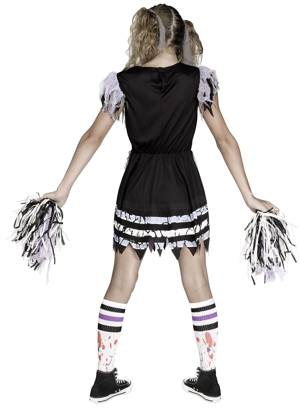 Kids zombie cheerleader costume back: black hooded dress, layered skirt, striped socks, pom-poms