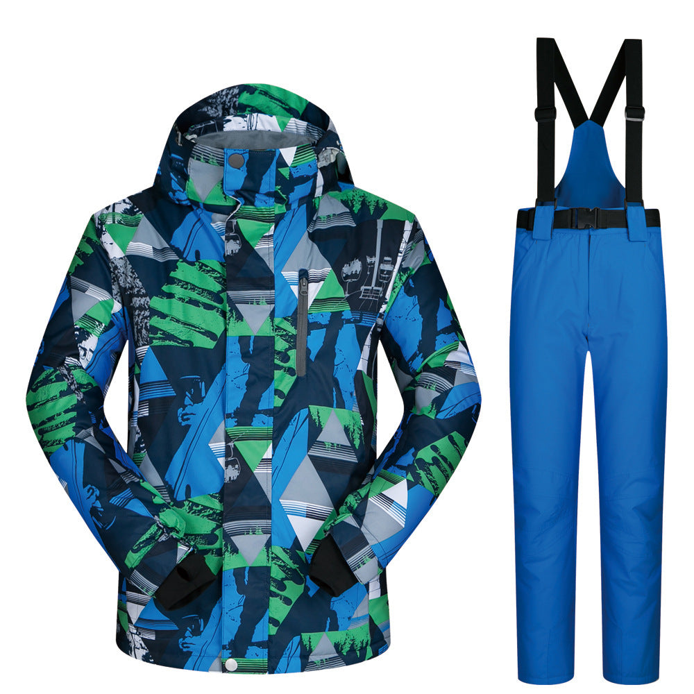 Men's hooded ski jacket and blue bib pants, blue-green abstract winter pattern.