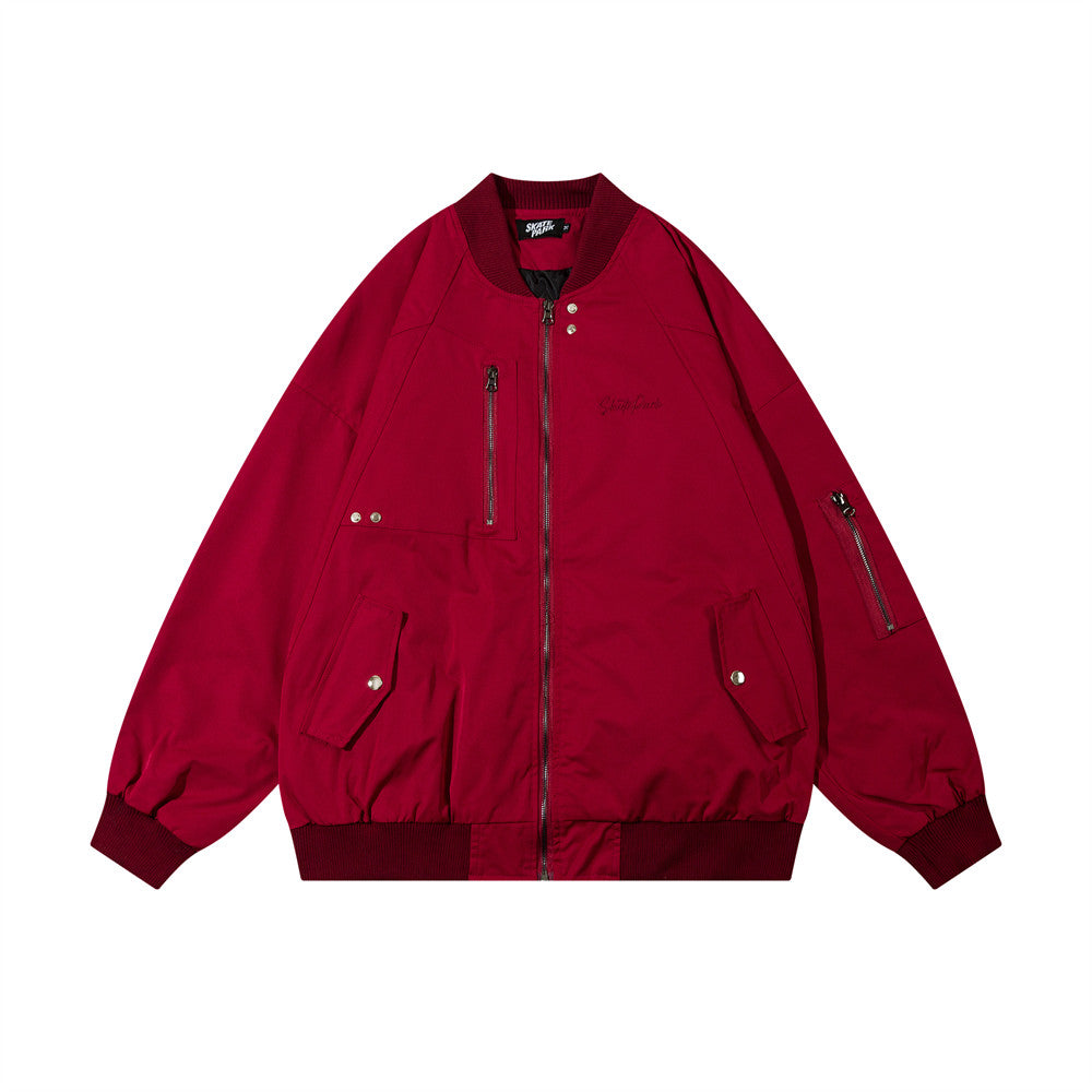 Red men's loose jacket coat with stand collar and utility pocket details
