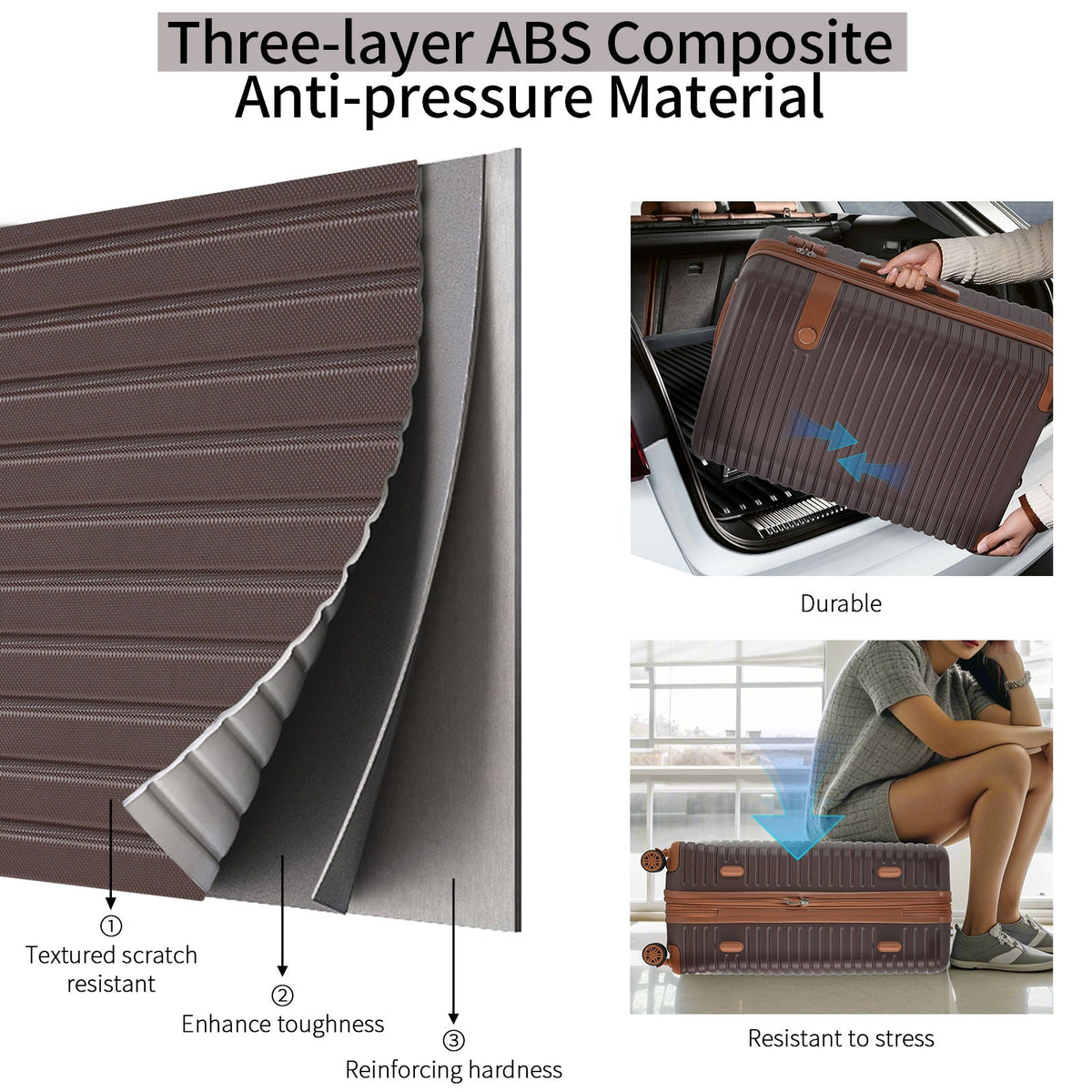Dark brown hard-shell luggage suitcase with ribbed texture and scratch-resistant edge detail