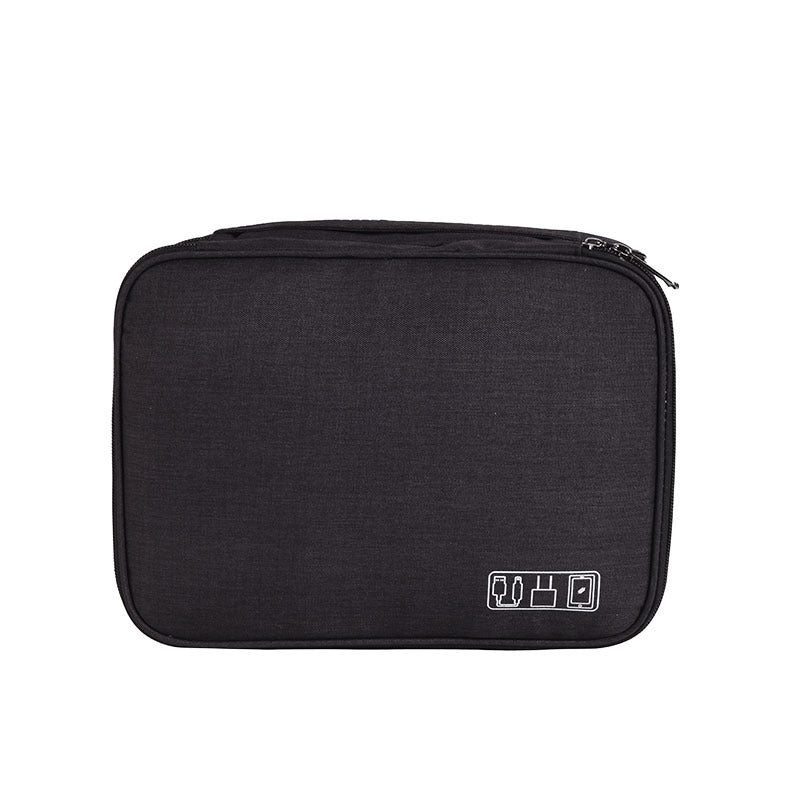 Black cable organizer bag with zippered front and device icon patch