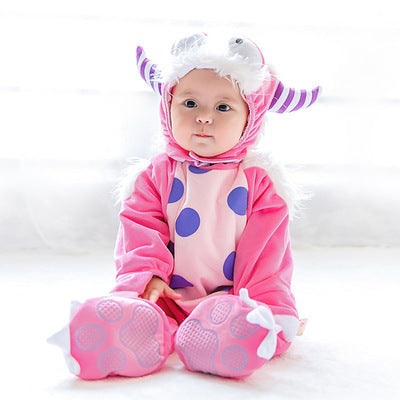 Baby Halloween animal jumpsuit in pink with white fuzzy hood, purple stripes, footies