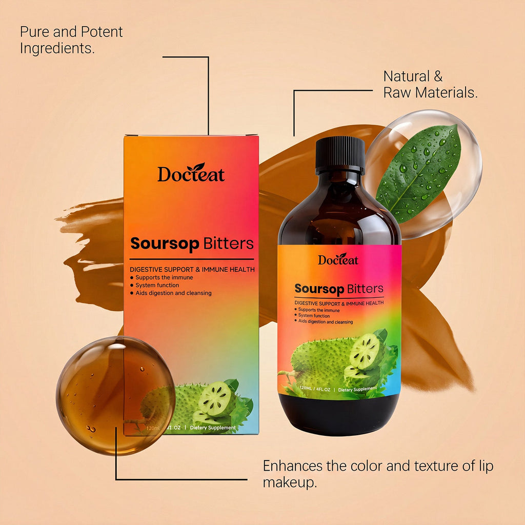 Soursop bitters bottle and carton with soursop fruit slice and water droplet graphic