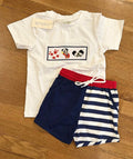 Character graphic T-shirt and striped/navy shorts set, red drawstring waistband