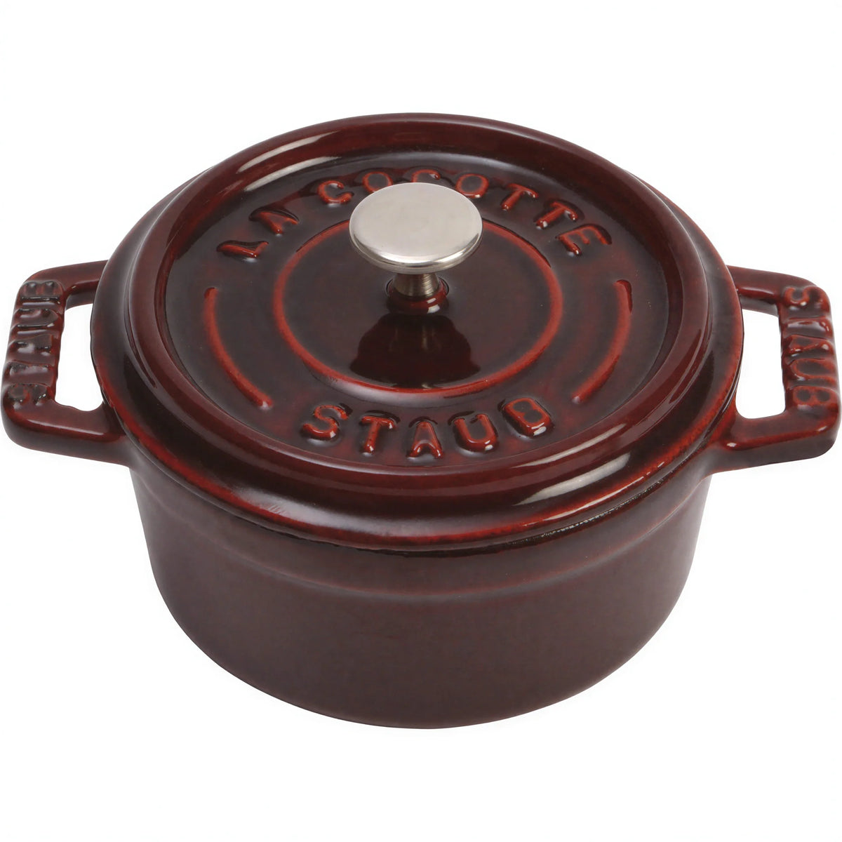 Staub mini enameled cast iron Dutch oven with cover, dark red