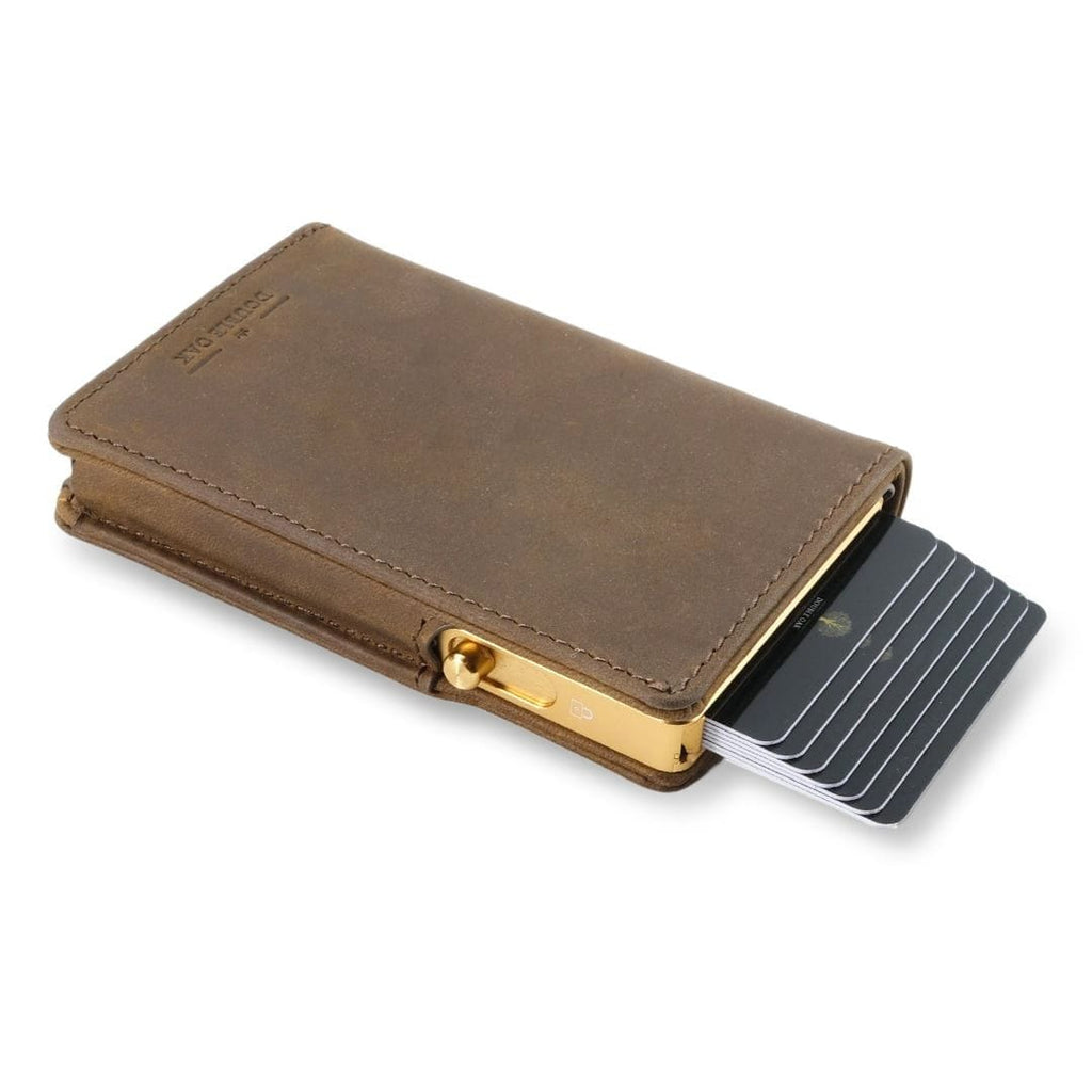 Dark brown leather bifold wallet with snap closure and card slots