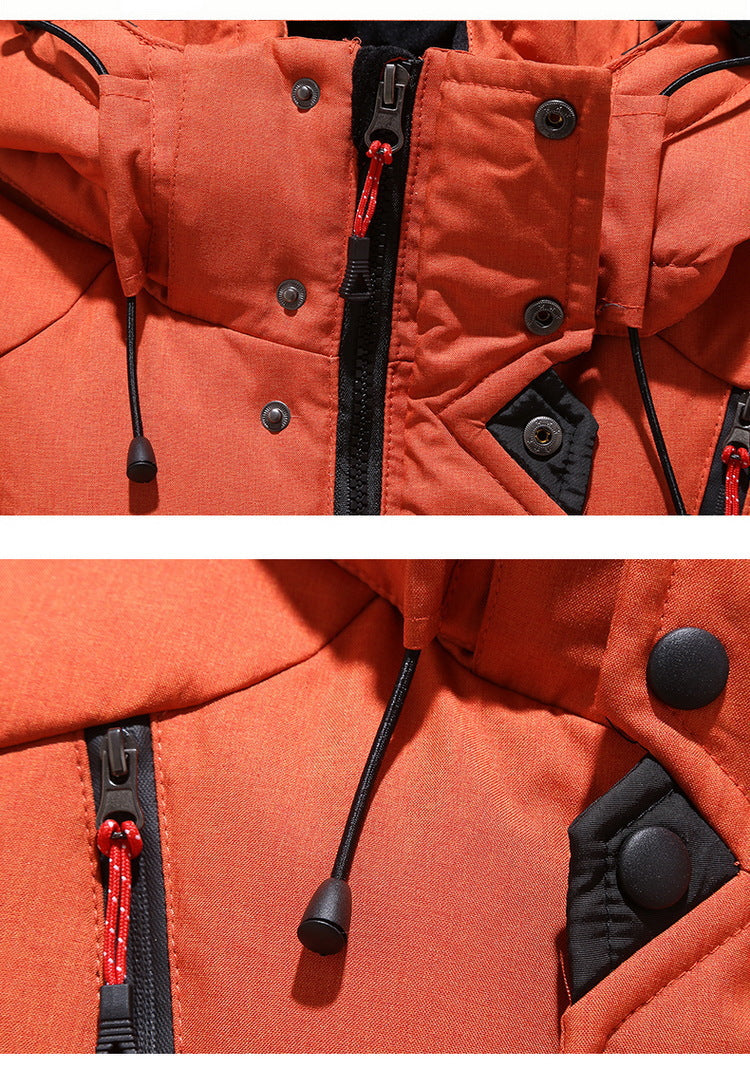 Orange insulated winter coat with black snap buttons and drawstring hood ties