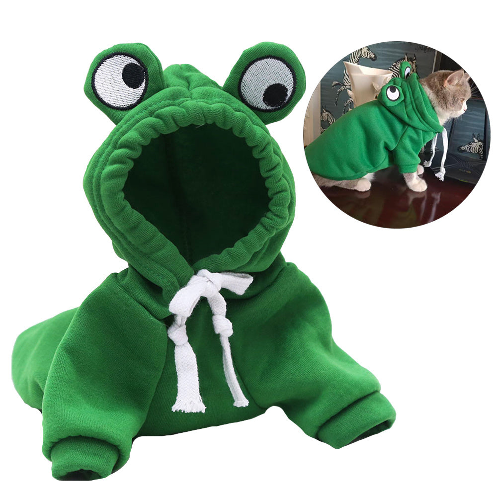 Green frog-themed pet hoodie with big embroidered eyes and front white drawstrings
