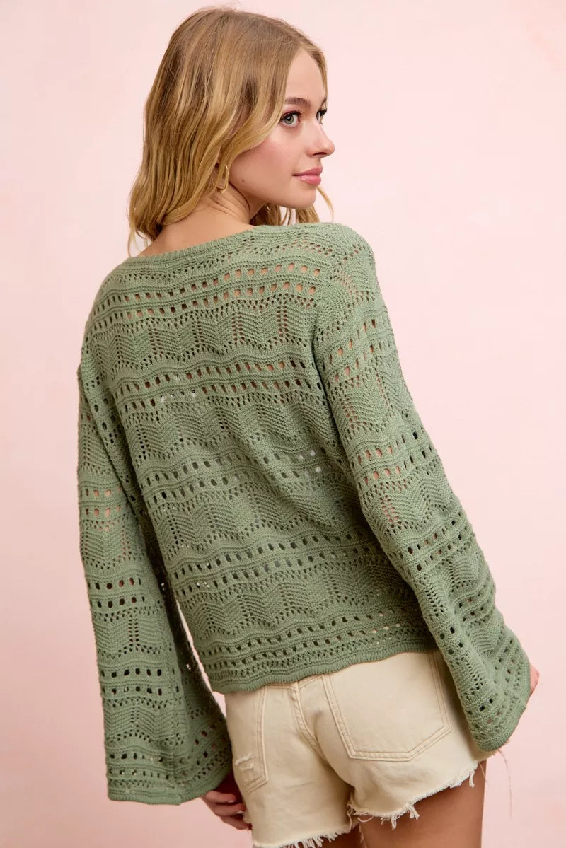 Sage green pointelle knit top with V-neck and long sleeves, back view