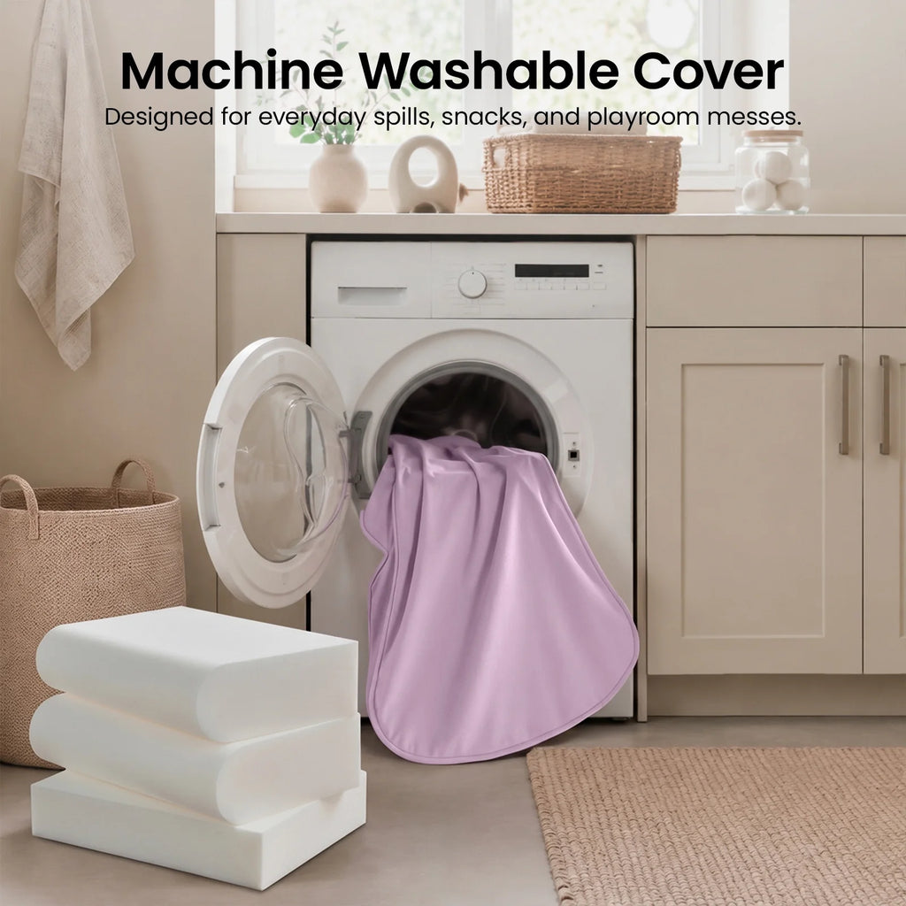 Light purple removable cover for kids sofa chair in a front-load washing machine