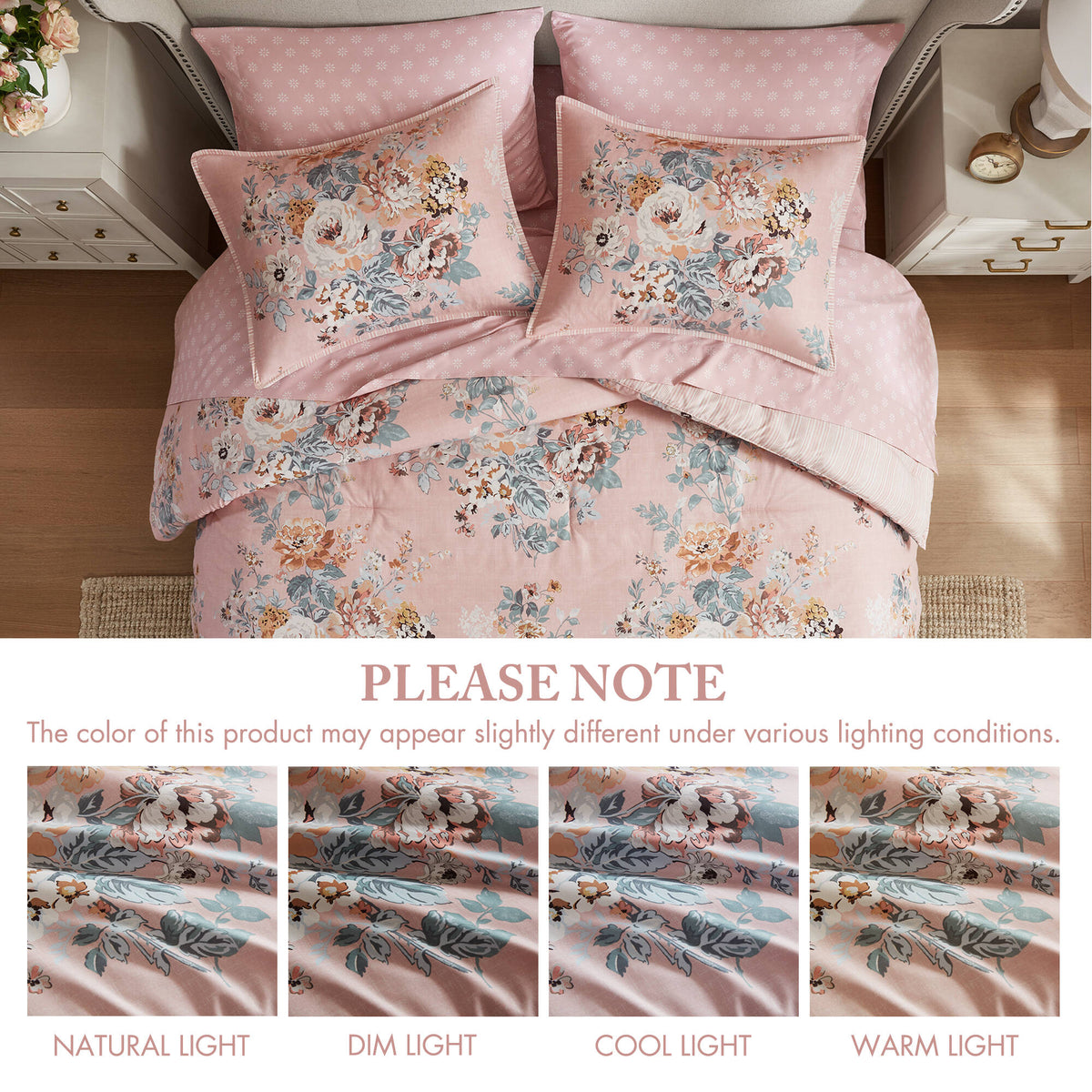 Pink multicolor floral bedding set with two pillow shams and comforter