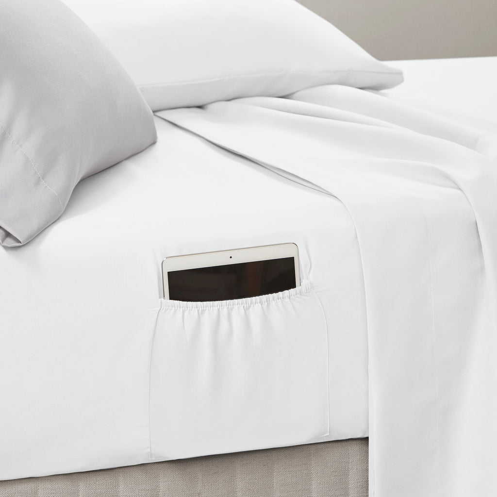 Twin XL white fitted sheet with stitched edge and rectangular pocket opening