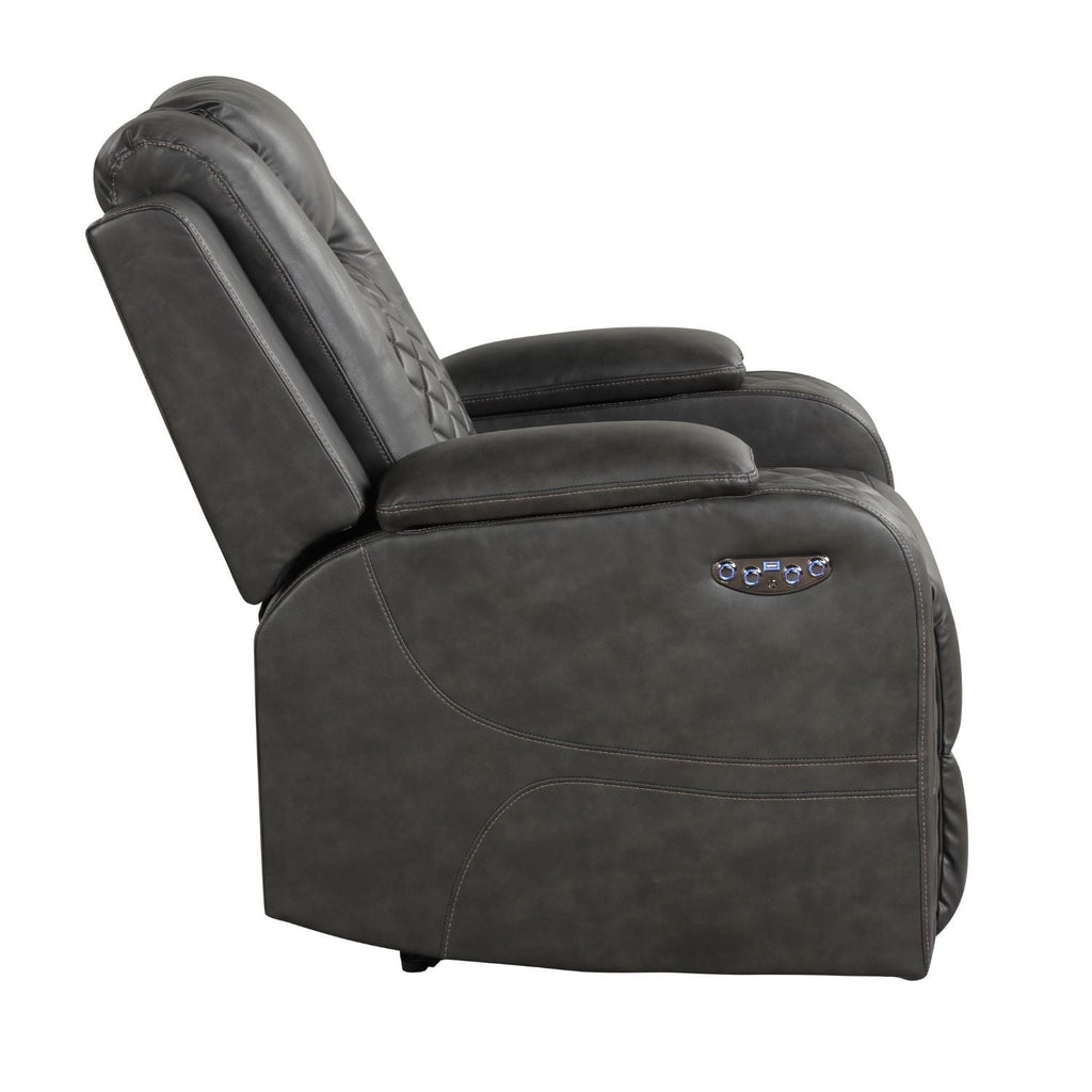 Dark gray LED power recliner chair with side control panel and reclined profile, blue light