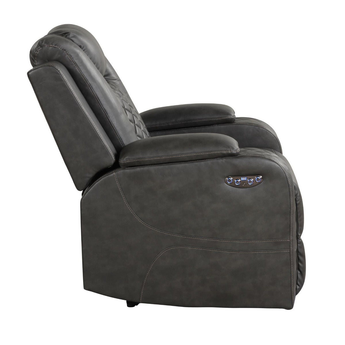Dark gray LED power recliner chair with side control panel and reclined profile, blue light