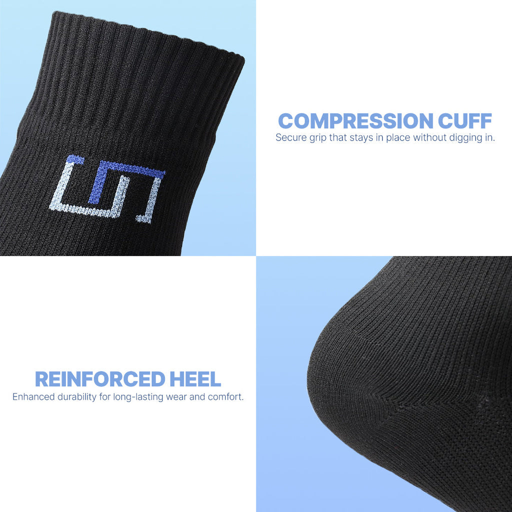 Black crew socks with blue logo patch, compression cuff and reinforced heel