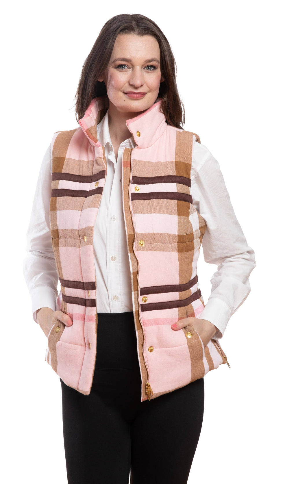 Pink plaid vest with chocolate stripes, button closure and structured front