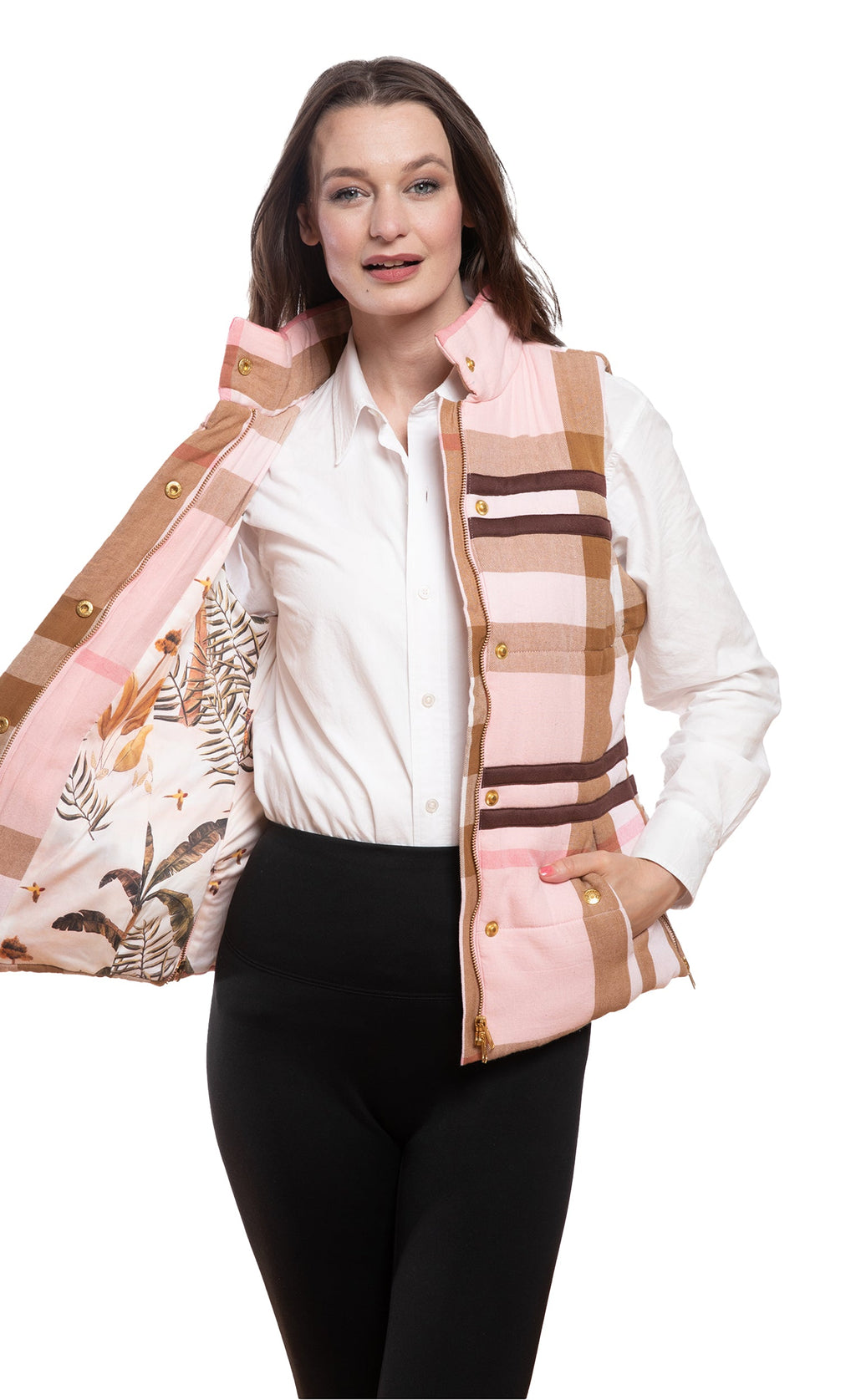 Pink and chocolate plaid vest, gold buttons, sleeveless design and side pocket