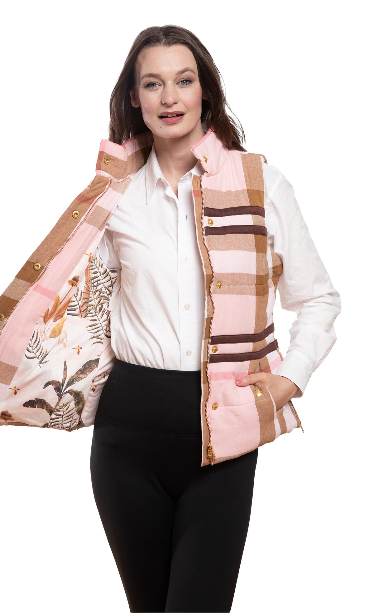 Pink and chocolate plaid vest, gold buttons, sleeveless design and side pocket