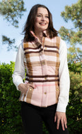 Plaid yarn-dyed vest with pink and chocolate stripes, button front and side pockets